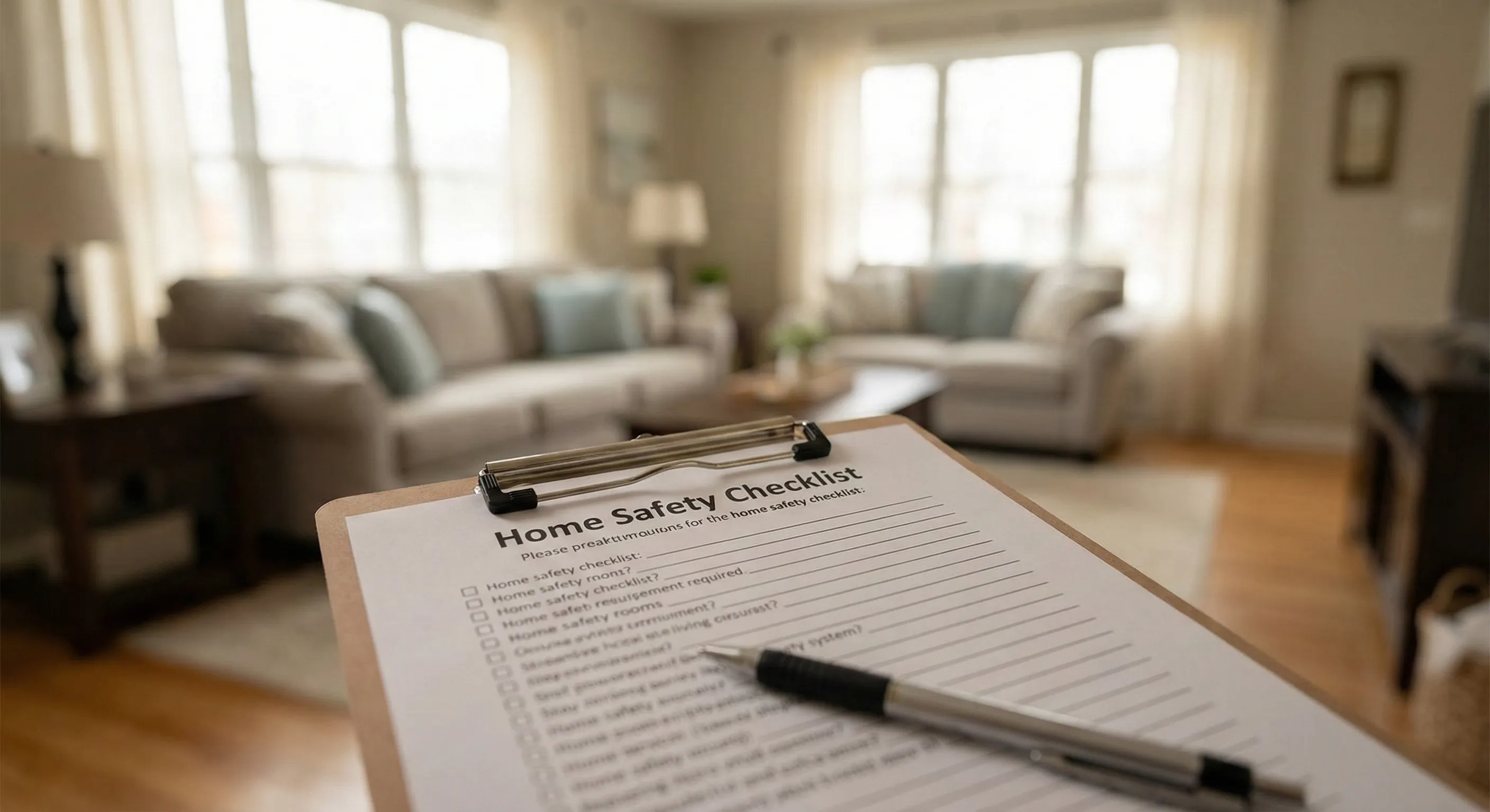 A healthcare professional walking through a home with a clipboard, carefully evaluating each room for safety hazards