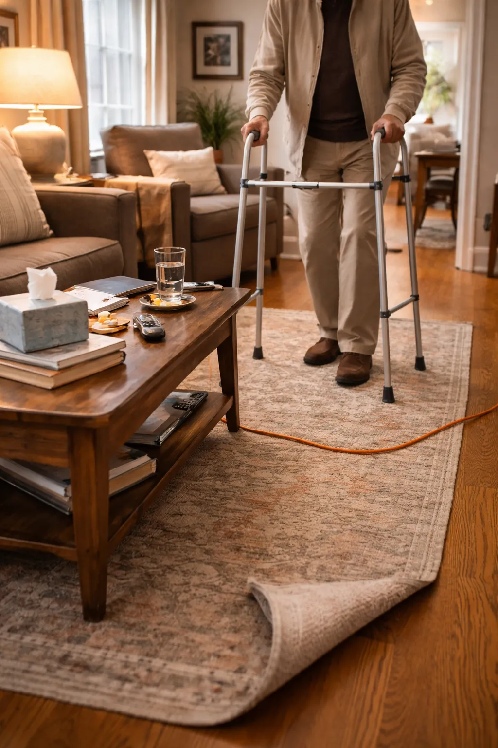 Living room with extension cords crossing walkway, curled rug corners, and cluttered paths