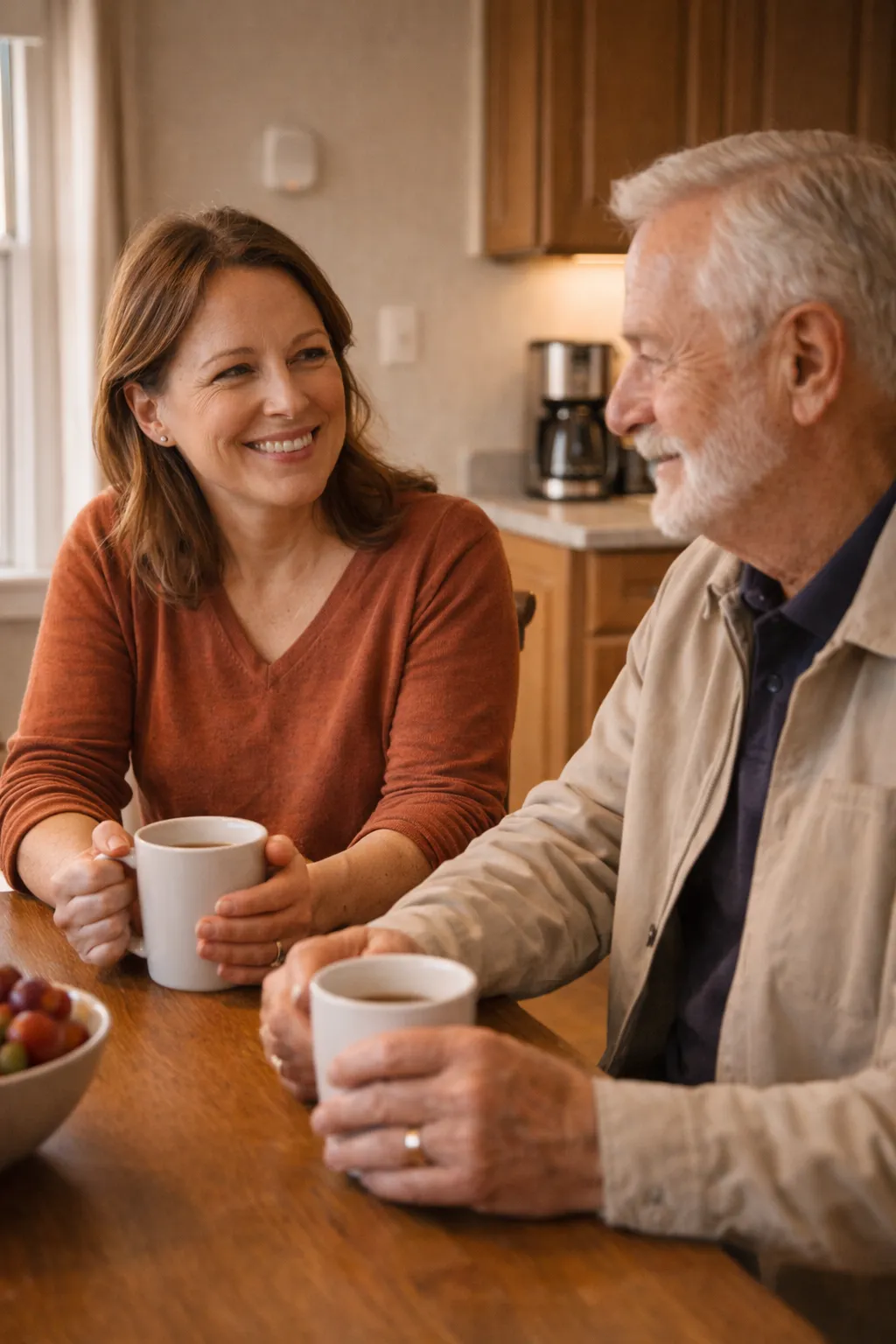 Nurse having a warm conversation with elderly couple and their adult daughter at the kitchen table