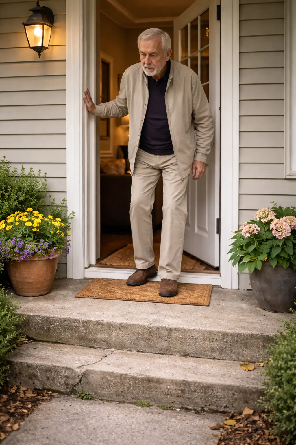 Front porch steps without handrail — elderly person gripping door frame for stability