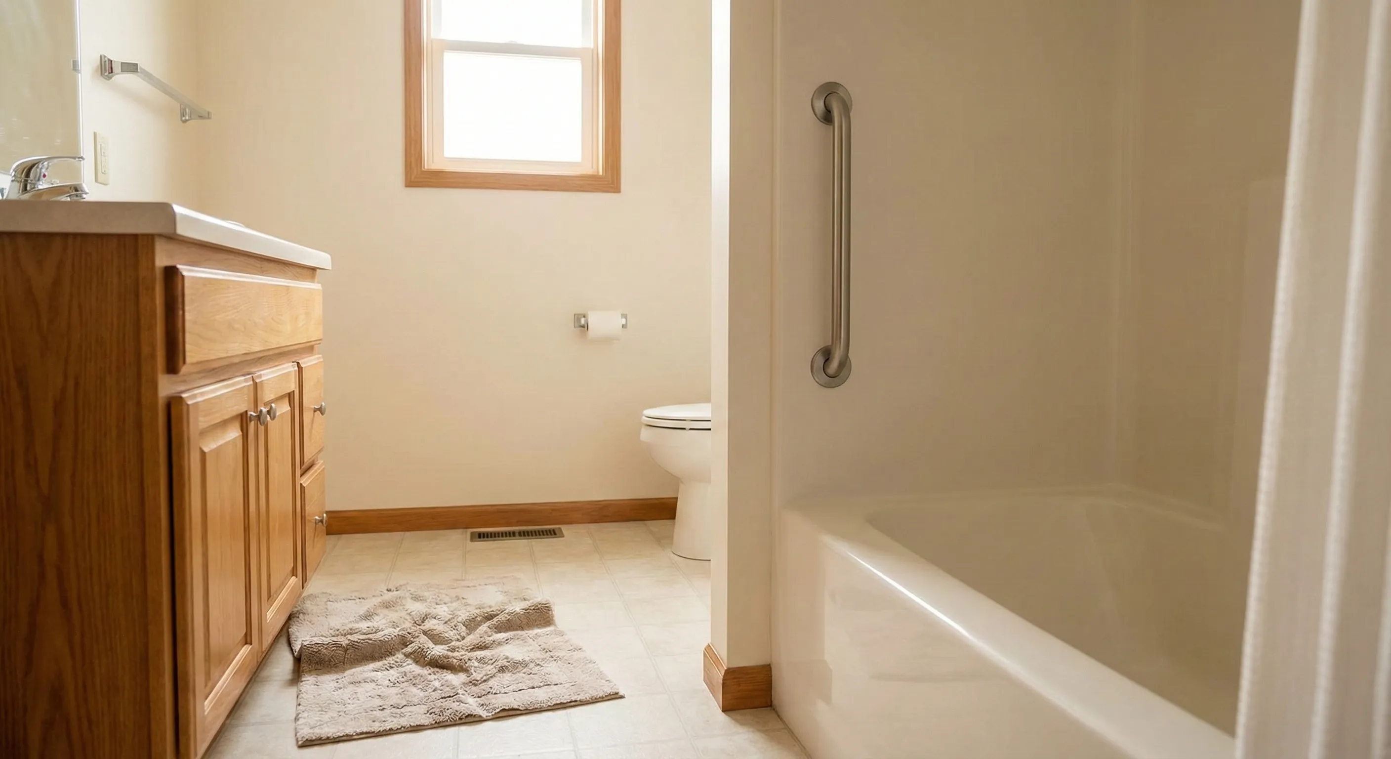 A senior's bathroom showing common fall hazards like a slippery floor and lack of grab bars near the bathtub
