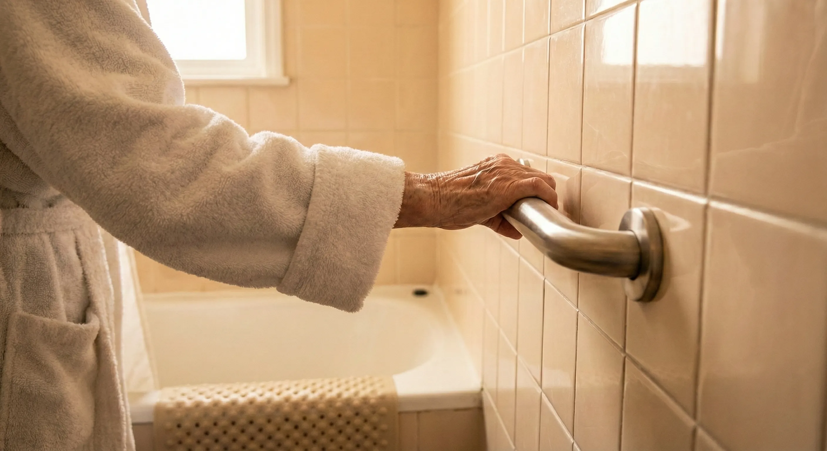 Bathroom with professionally installed grab bar — elderly person confidently gripping bar while stepping out of tub