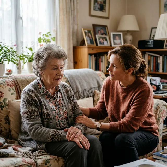 An adult daughter sitting with her elderly mother on a couch, having a gentle and caring conversation about home safety