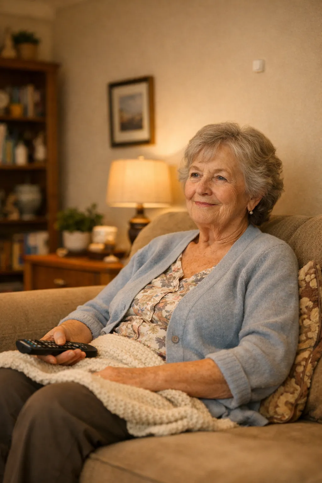 Senior watching TV in living room with barely visible motion sensor on wall