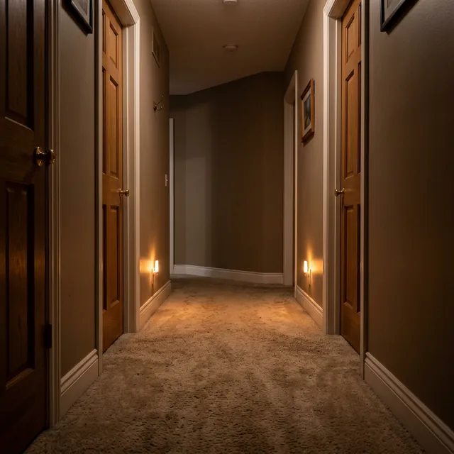 Dimly lit hallway at night with small motion sensor on wall with faint blue LED