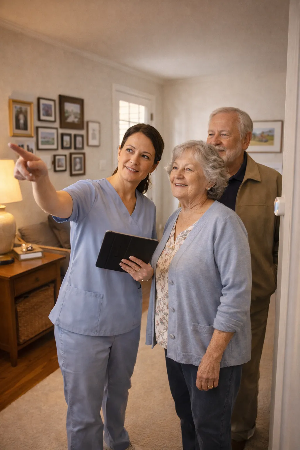 Nurse kneeling beside bathtub pointing out where grab bar should be installed while elderly couple watches