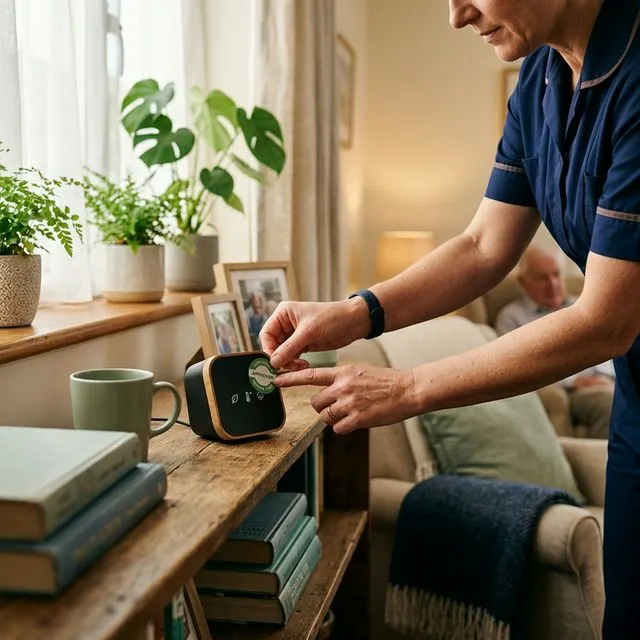 Nurse placing an approval seal on an environmental sensor device in a warm, well-lit senior living room