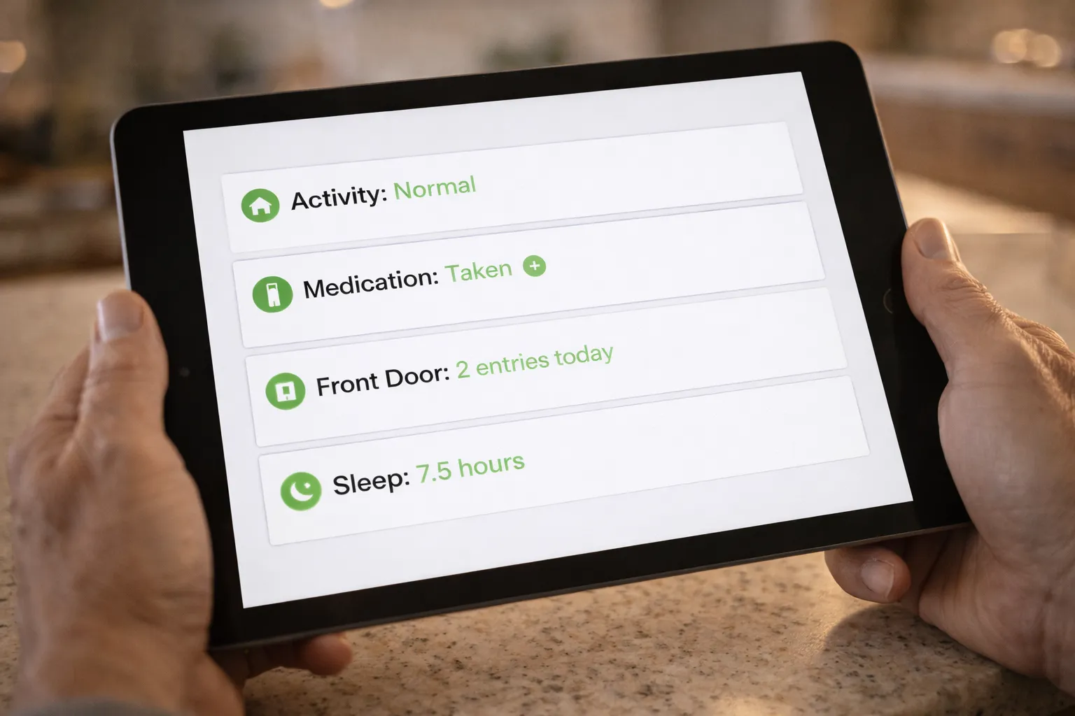 Tablet showing simple monitoring dashboard with green status indicators